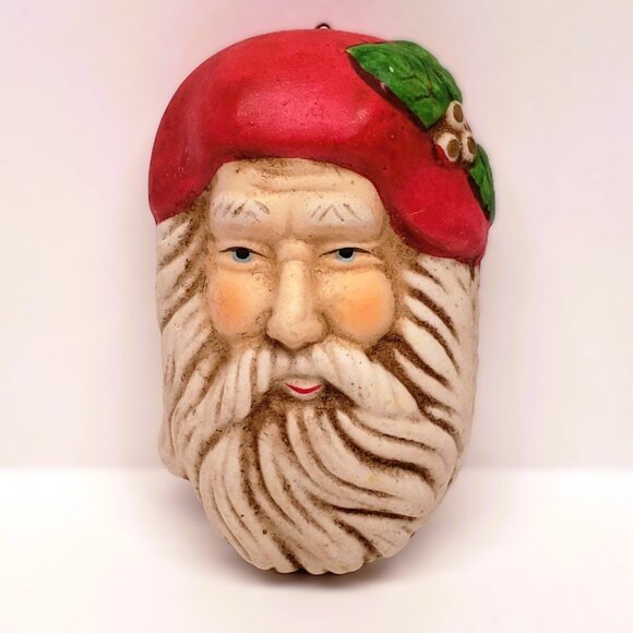 Santa Claus Head Christmas Ornament Bisque Porcelain Holly 3" Tall - Picture 6 of 6